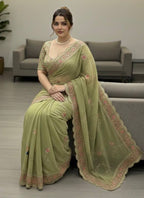 Pista Green Georgette Embroidery Work Casual Wear Saree SW159021