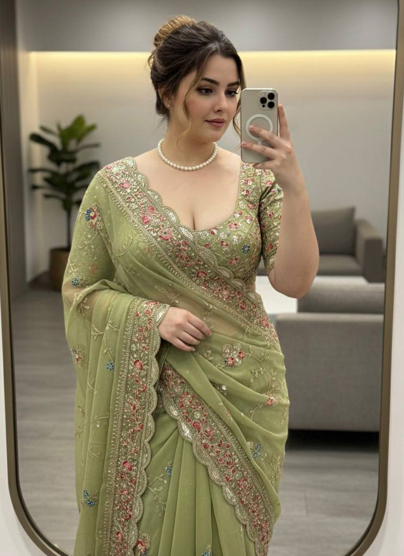 Pista Green Georgette Embroidery Work Casual Wear Saree SW159021