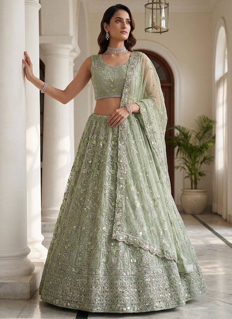 Pista Green Net Embroidery Work Wedding Wear Lehenga Choli SW108373