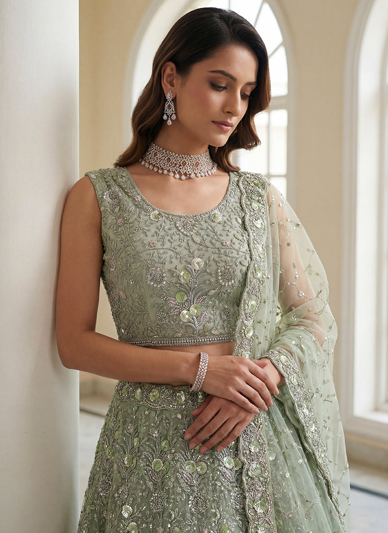 Pista Green Net Embroidery Work Wedding Wear Lehenga Choli SW108373