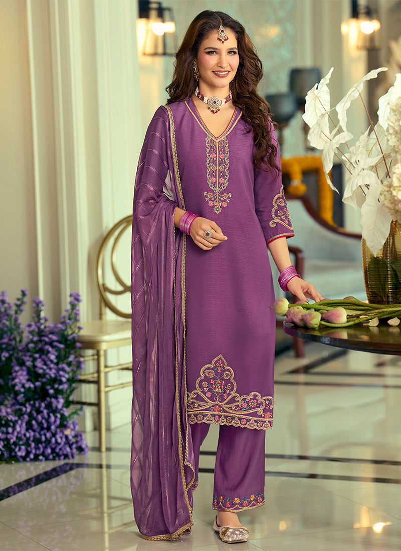 Silk Purple Festival Wear Hand Work Readymade Salwar Suit 388942
