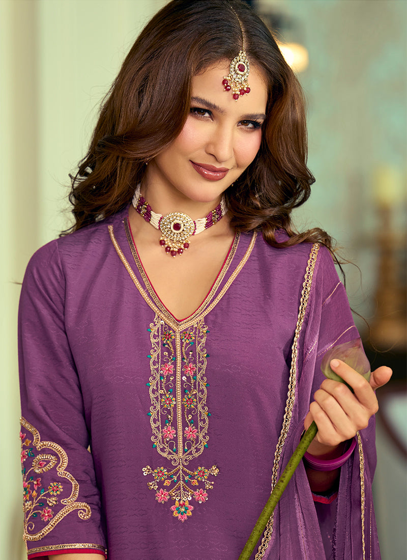 Silk Purple Festival Wear Hand Work Readymade Salwar Suit 388942