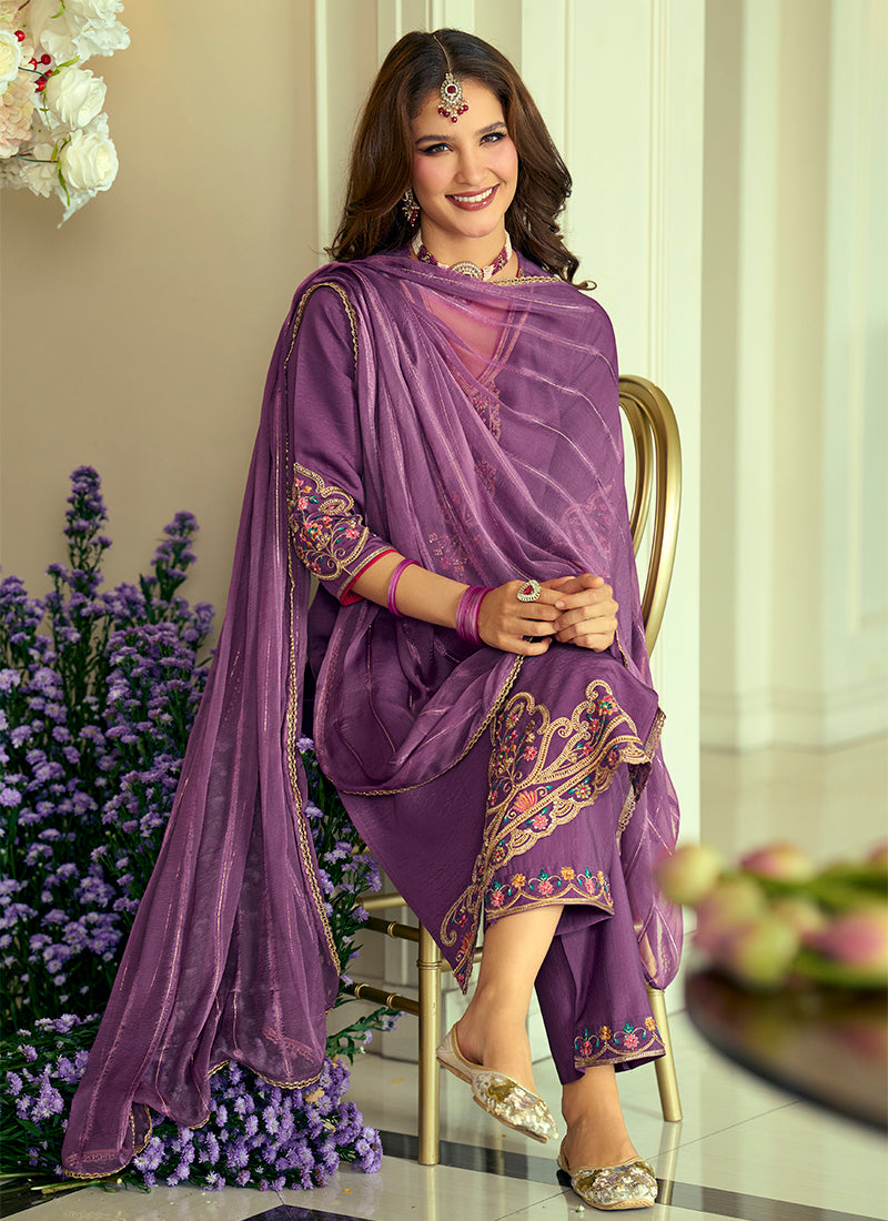 Silk Purple Festival Wear Hand Work Readymade Salwar Suit 388942