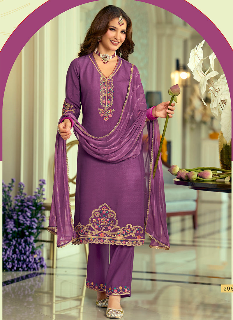 Silk Purple Festival Wear Hand Work Readymade Salwar Suit 388942