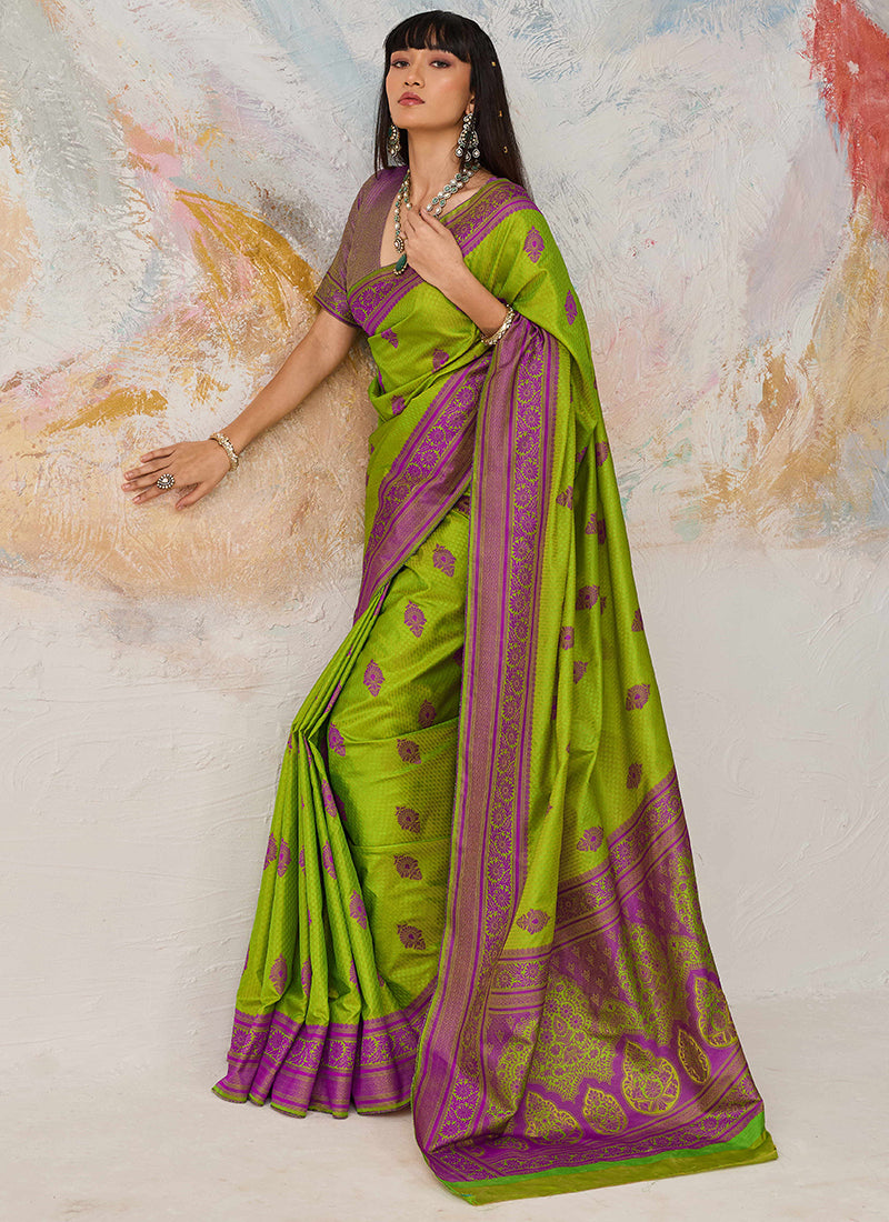 Parrot Green Kanjivaram Silk Weaving Work Festival Wear Saree SW163075
