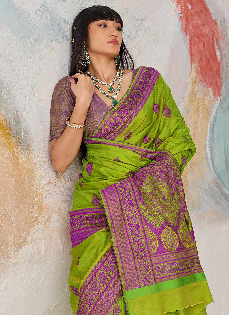 Parrot Green Kanjivaram Silk Weaving Work Festival Wear Saree SW163075