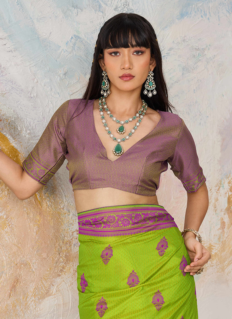 Parrot Green Kanjivaram Silk Weaving Work Festival Wear Saree SW163075