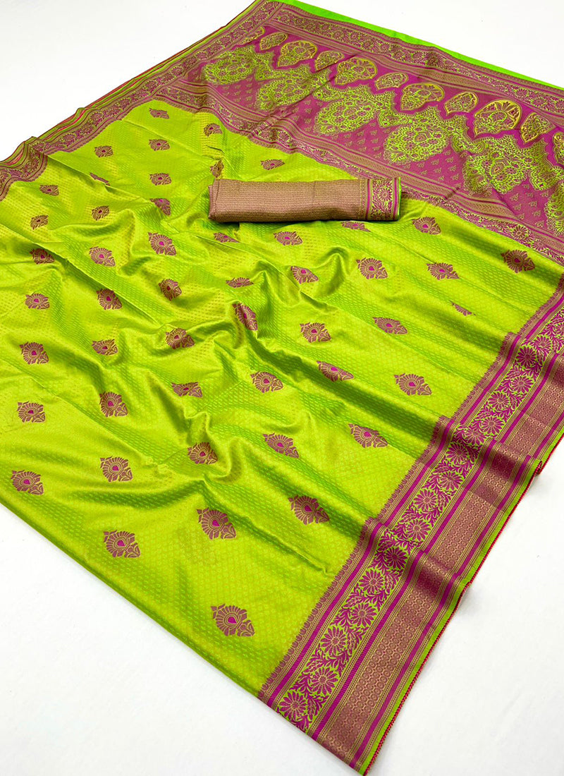 Parrot Green Kanjivaram Silk Weaving Work Festival Wear Saree SW163075