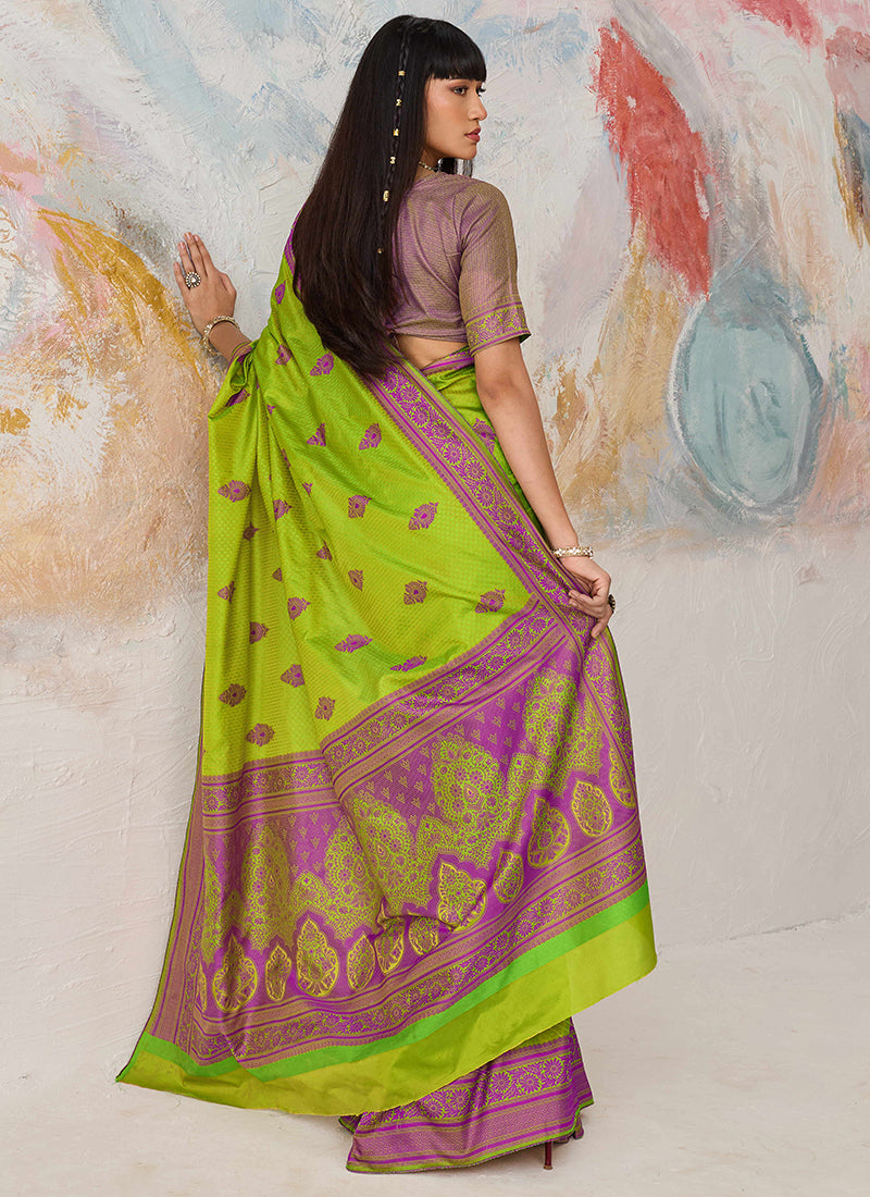 Parrot Green Kanjivaram Silk Weaving Work Festival Wear Saree SW163075