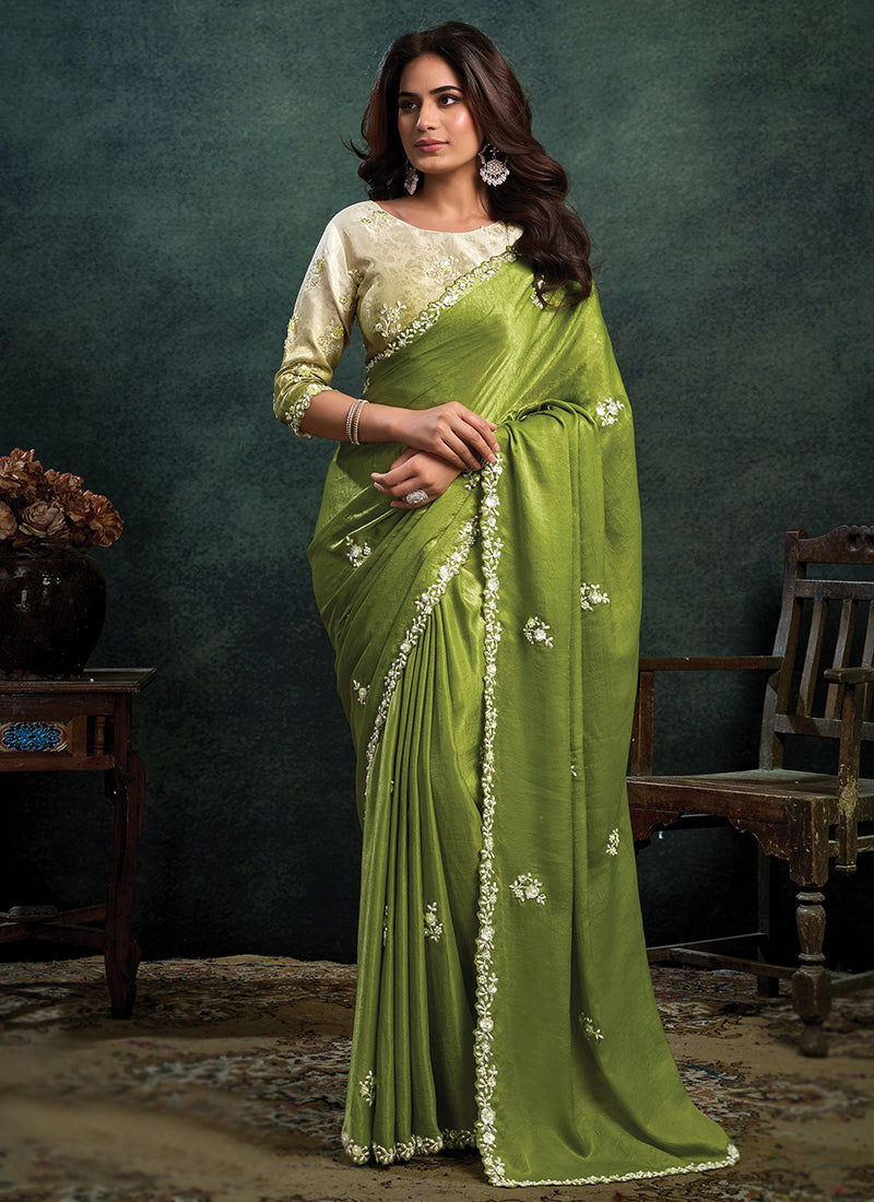 Two Tone Satin Silk Parrot Green Party Wear Sequins Embroidery Work Parties Saree 389017