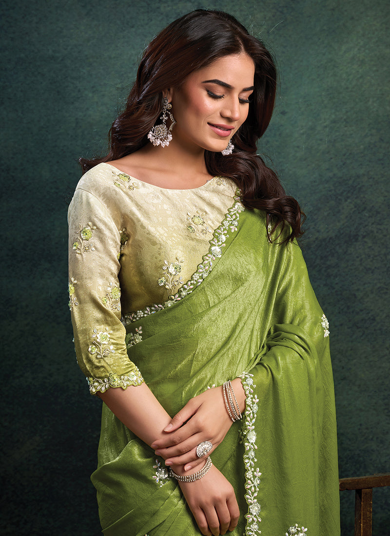 Two Tone Satin Silk Parrot Green Party Wear Sequins Embroidery Work Parties Saree 389017