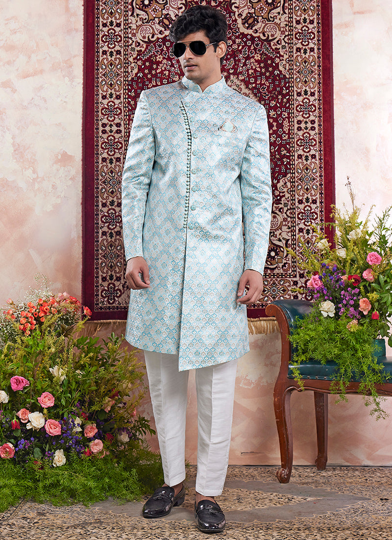 Banarasi Jacquard Pastel Blue Wedding Wear Pattern Pc Work Readymade Sherwani
