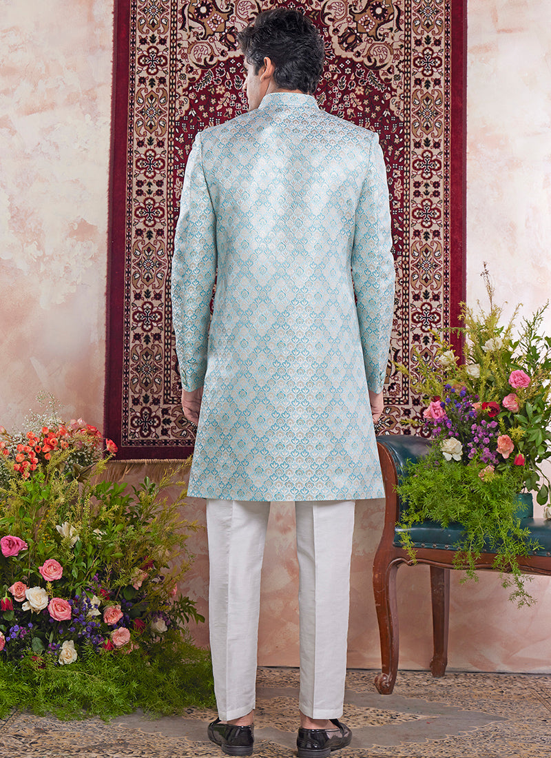 Banarasi Jacquard Pastel Blue Wedding Wear Pattern Pc Work Readymade Sherwani
