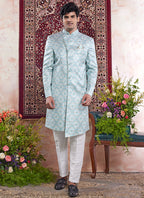 Banarasi Jacquard Pastel Blue Wedding Wear Pattern Pc Work Readymade Sherwani