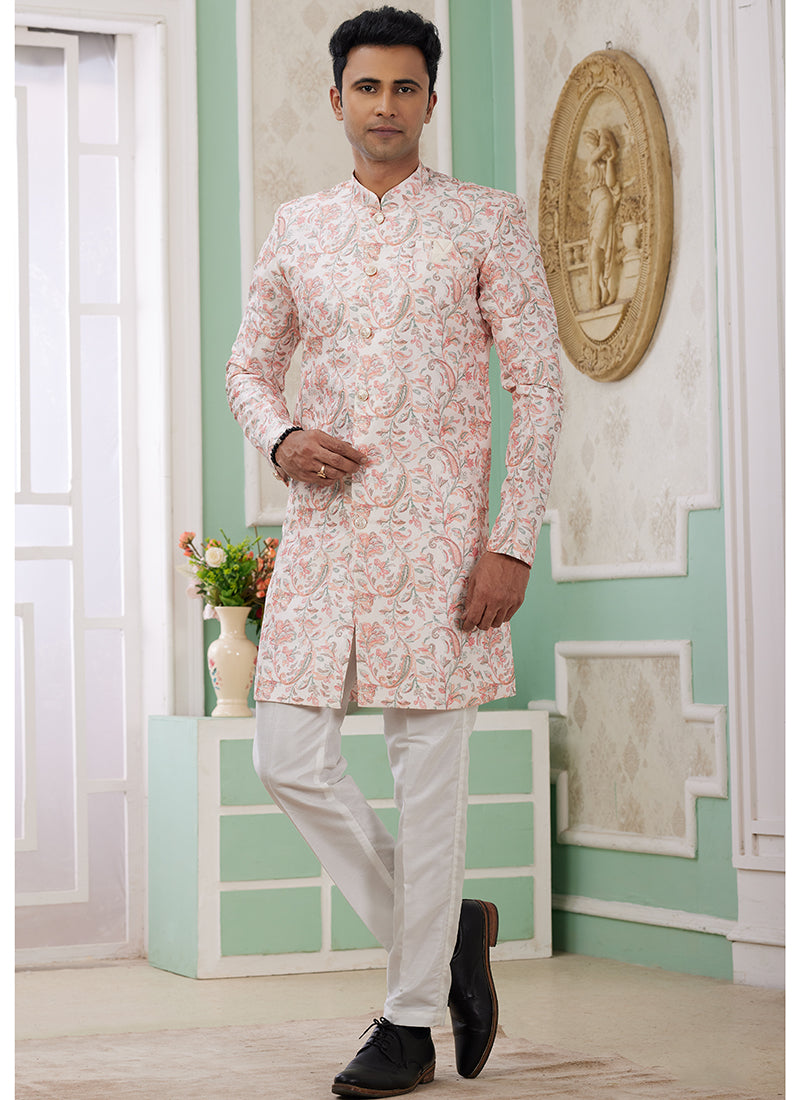 Banarasi Jacquard Peach Festival Wear Embroidery Work Readymade Indo Western Sherwani