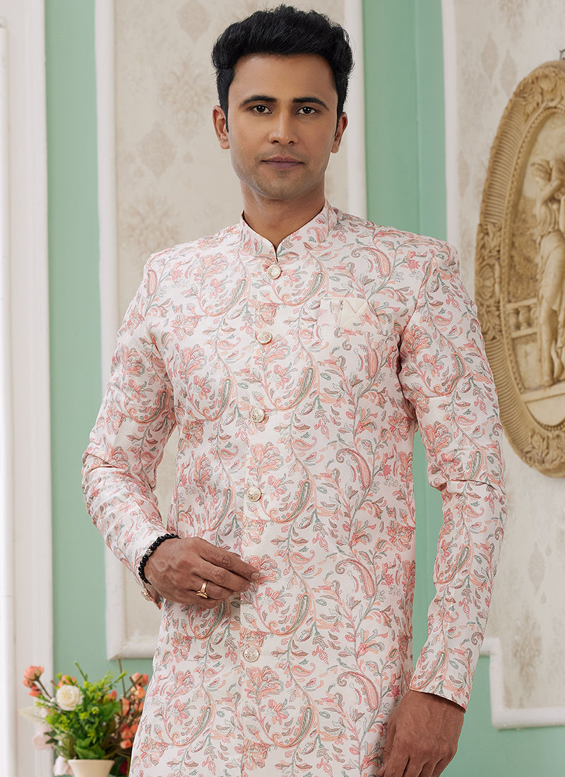 Banarasi Jacquard Peach Festival Wear Embroidery Work Readymade Indo Western Sherwani