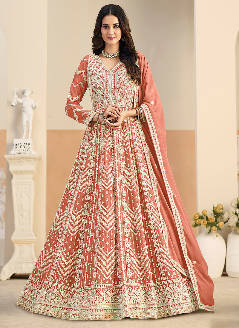 Peach Faux Georgette  Embroidery Work Occasional Wear Anarkali Suit SW204245