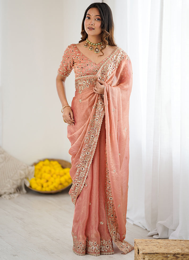 Fendy Chiffon Peach Party Wear Sequins Embroidery Work Designer Saree 388714