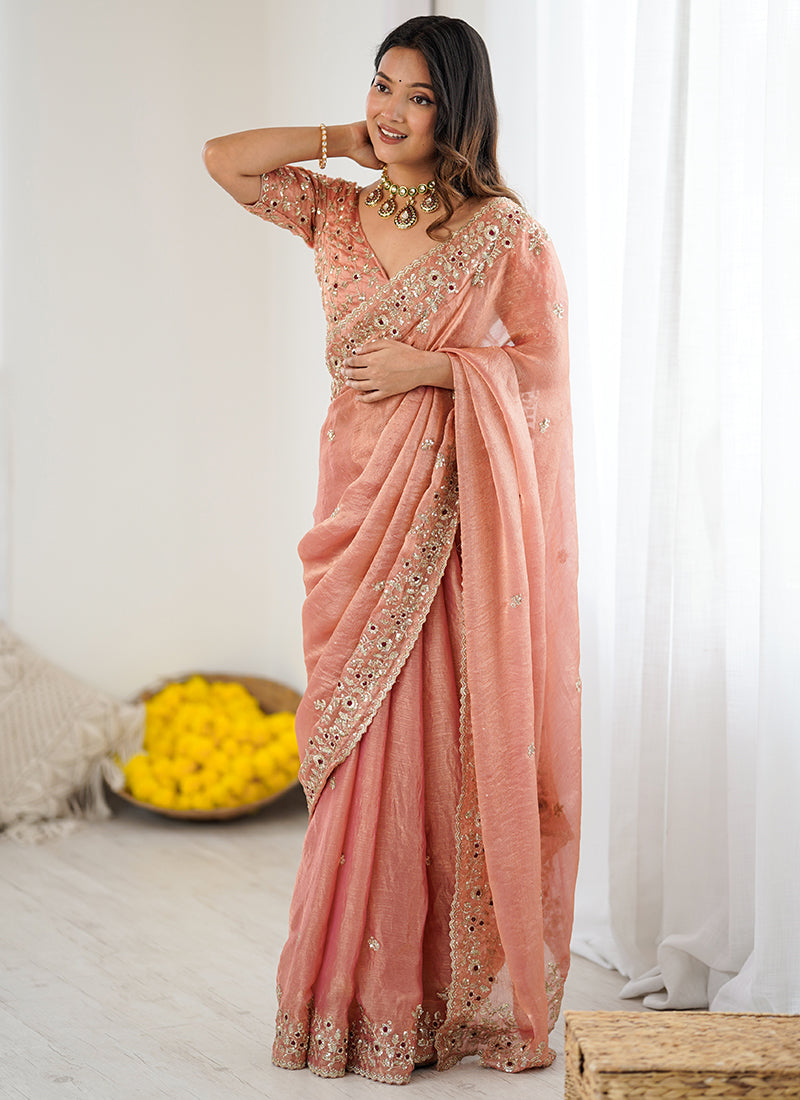 Fendy Chiffon Peach Party Wear Sequins Embroidery Work Designer Saree 388714