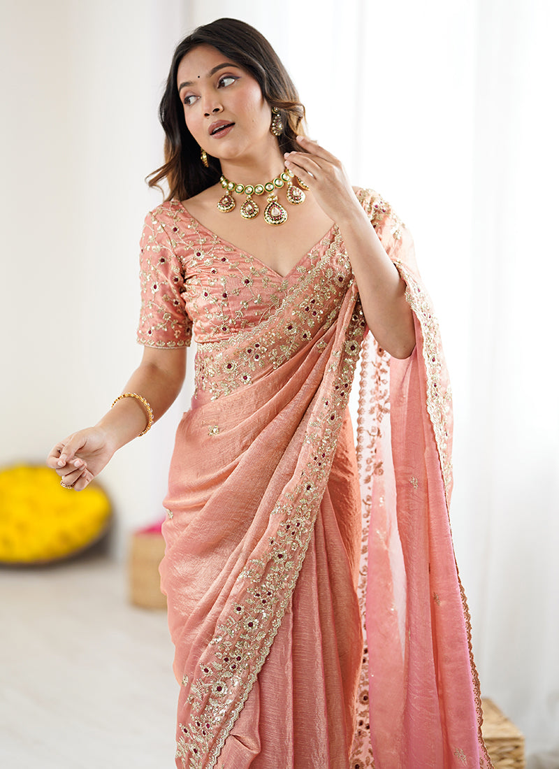 Fendy Chiffon Peach Party Wear Sequins Embroidery Work Designer Saree 388714