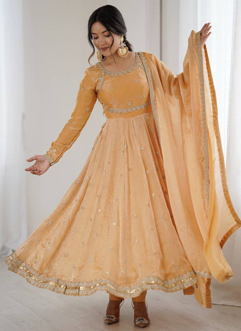 Fendy Silk Peach Casual Wear Sequins Work Readymade Anarkali Suit 388728
