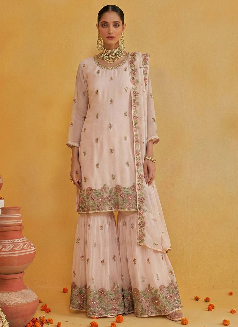 Peach Georgette Embroidery Work Party Wear Readymade Sharara Suit SW530613