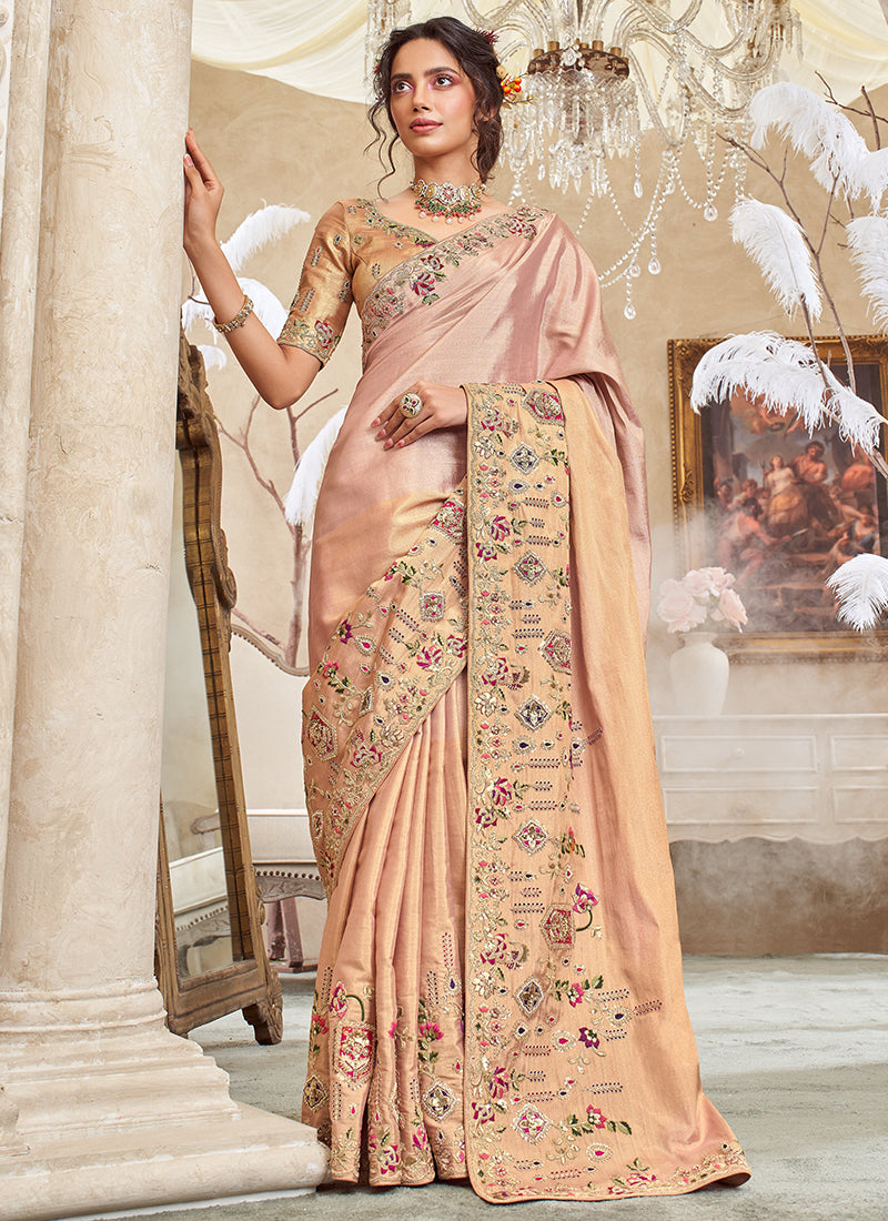 Giraffe Viscose Silk Peach Wedding Wear Weaving Work Wedding Saree 388990
