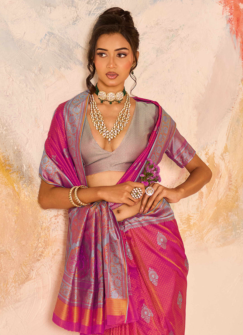 Peach Kanjivaram Silk Weaving Work Festival Wear Saree SW337958