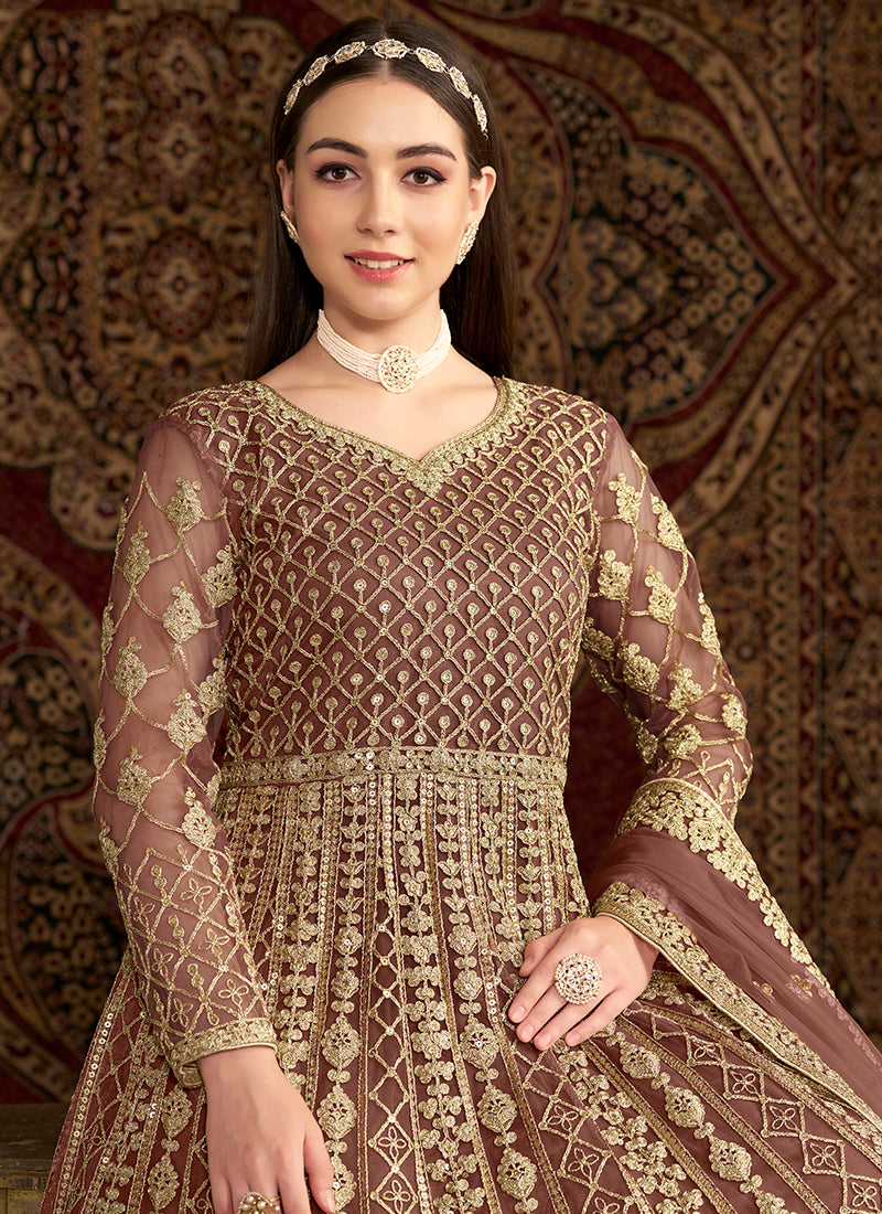 Net Peach Wedding Wear Embroidery Work Anarkali Suit