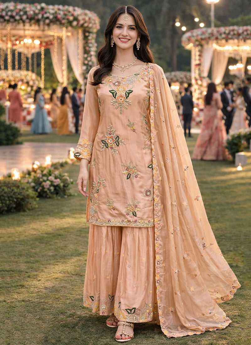 Peach Viscose  Embroidery Work Festival Wear Readymade Sharara Suit SW687269