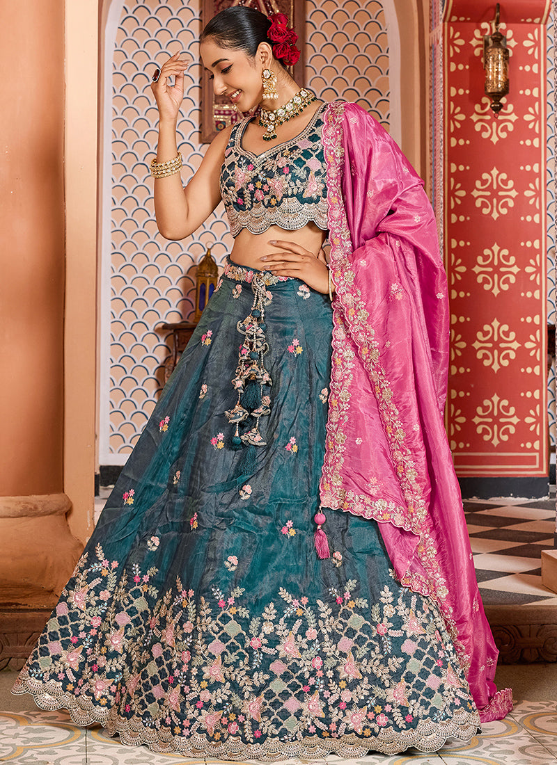 Tissue Peacock Blue Party Wear Embroidery Work Lehenga Choli