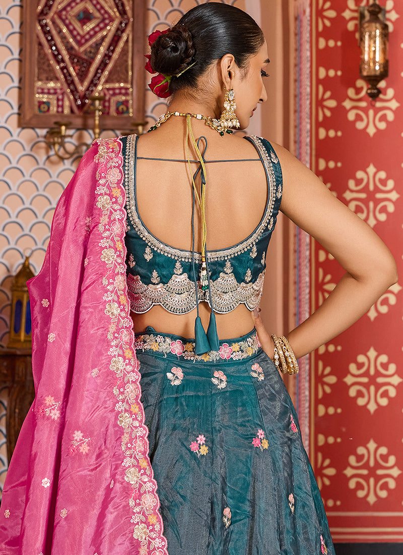 Tissue Peacock Blue Party Wear Embroidery Work Lehenga Choli