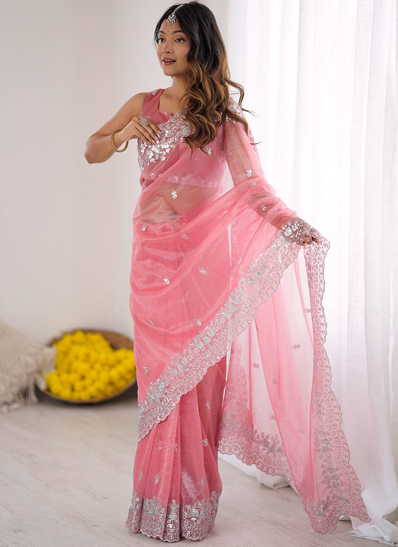 Art Silk Pink Ocassional Wear Embroidery Work Saree
