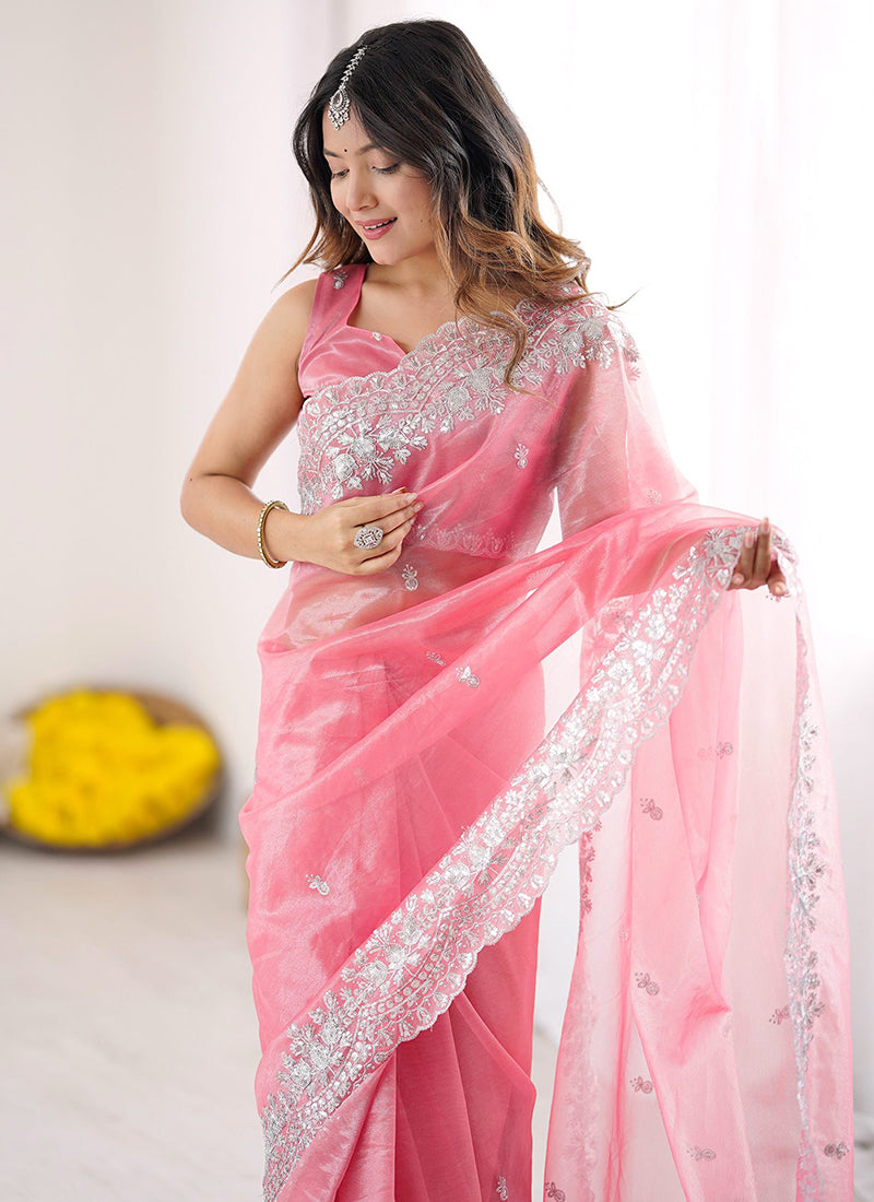 Art Silk Pink Ocassional Wear Embroidery Work Saree
