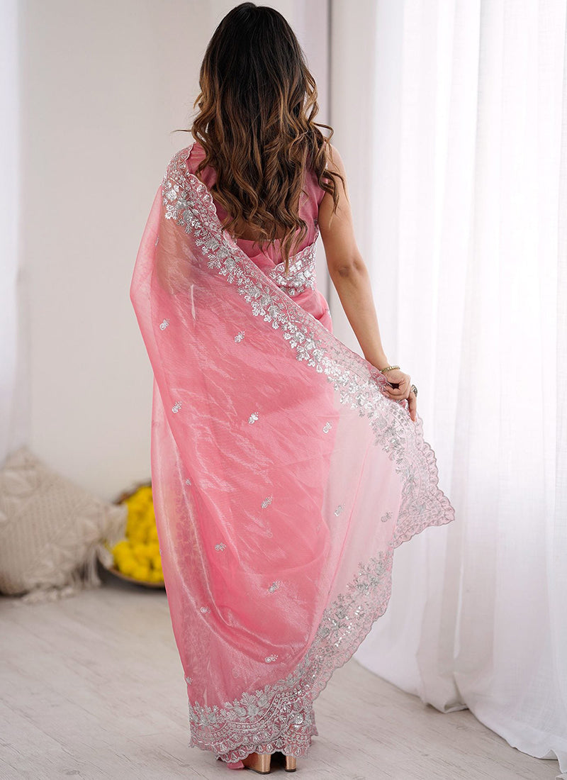 Art Silk Pink Ocassional Wear Embroidery Work Saree
