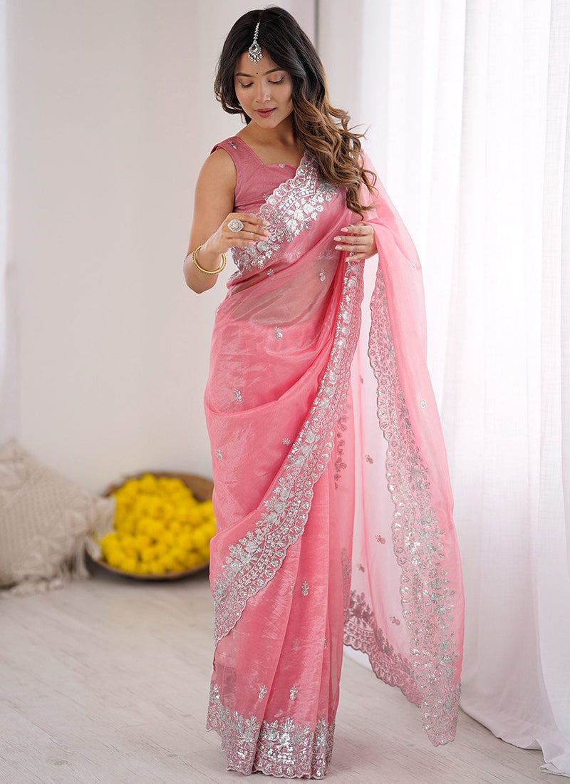 Art Silk Pink Ocassional Wear Embroidery Work Saree
