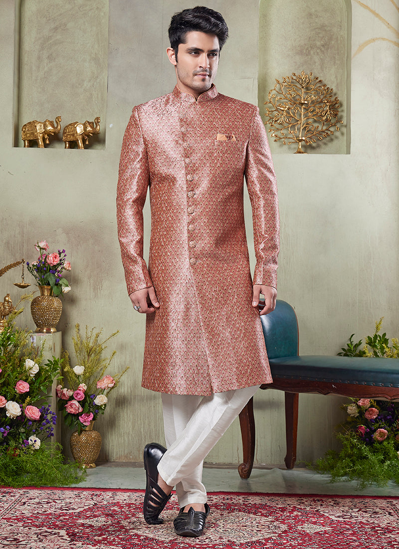 Art Silk Pink Wedding Wear Print On Computer Thread Work Readymade Sherwani