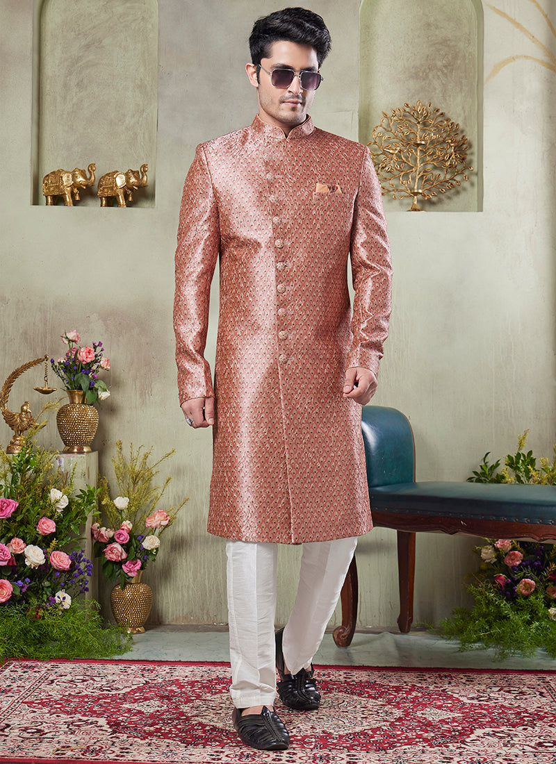 Art Silk Pink Wedding Wear Print On Computer Thread Work Readymade Sherwani