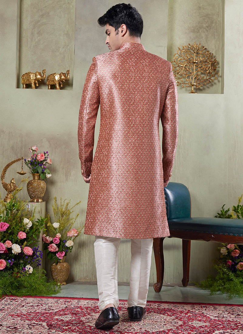 Art Silk Pink Wedding Wear Print On Computer Thread Work Readymade Sherwani
