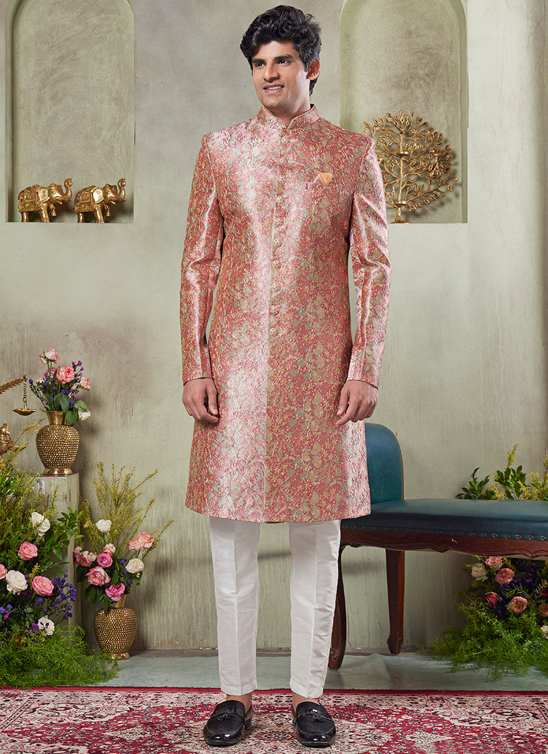 Art Silk Pink Wedding Wear Print On Computer Thread Work Readymade Sherwani