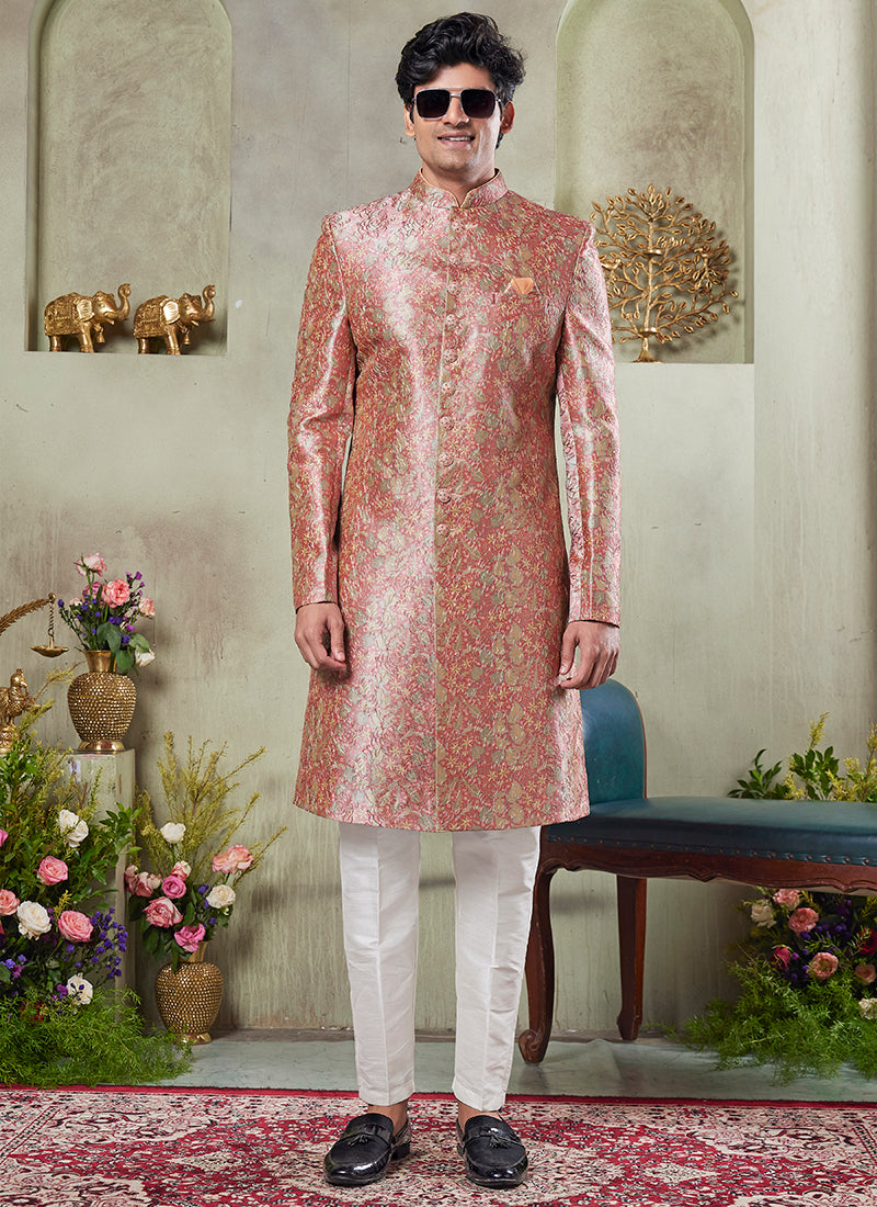 Art Silk Pink Wedding Wear Print On Computer Thread Work Readymade Sherwani
