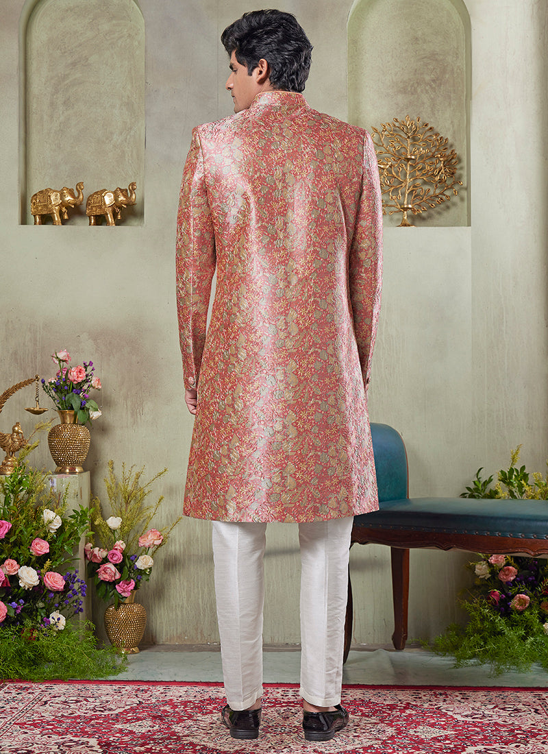 Art Silk Pink Wedding Wear Print On Computer Thread Work Readymade Sherwani