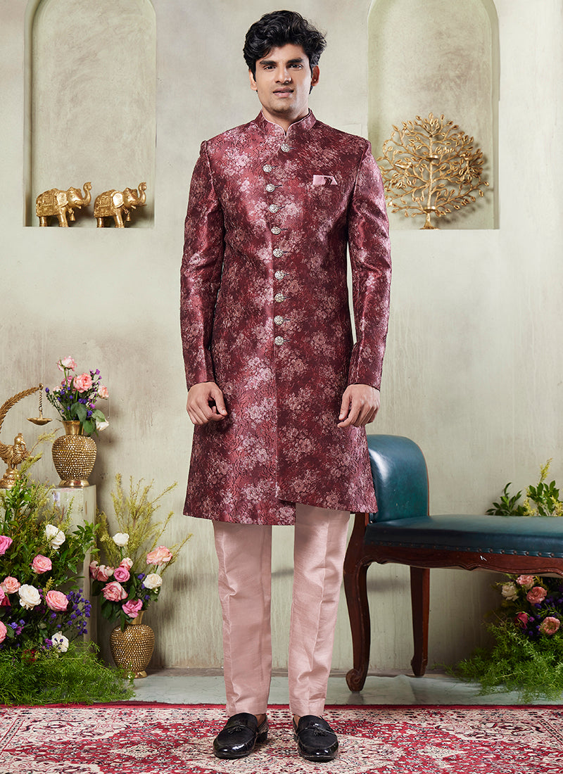 Art Silk Pink Wedding Wear Print On Computer Thread Work Readymade Sherwani