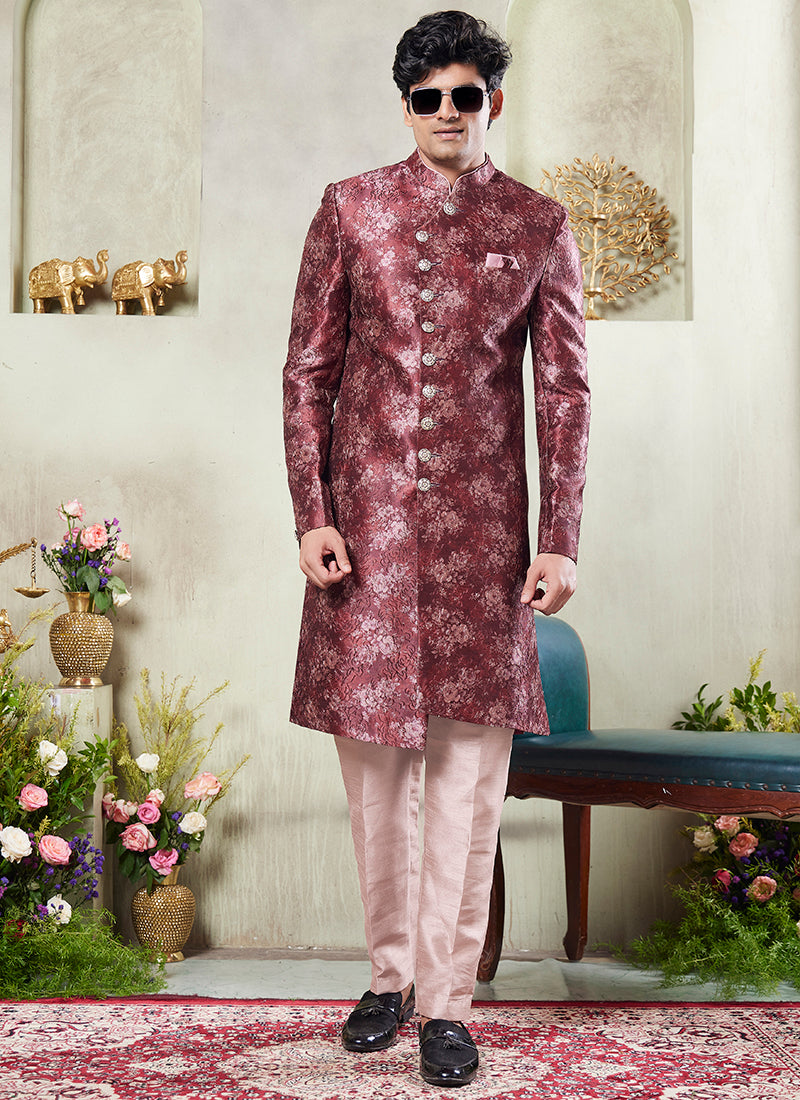 Art Silk Pink Wedding Wear Print On Computer Thread Work Readymade Sherwani