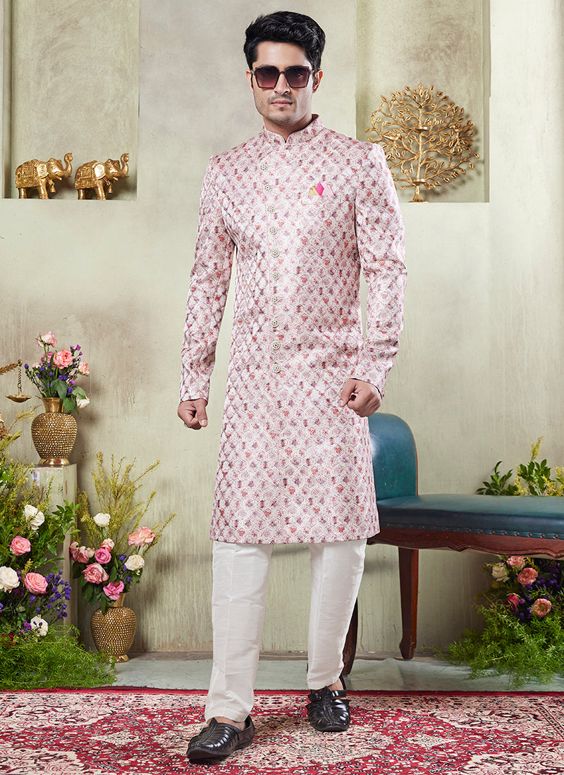 Art Silk Pink Wedding Wear Print On Computer Thread Work Readymade Sherwani