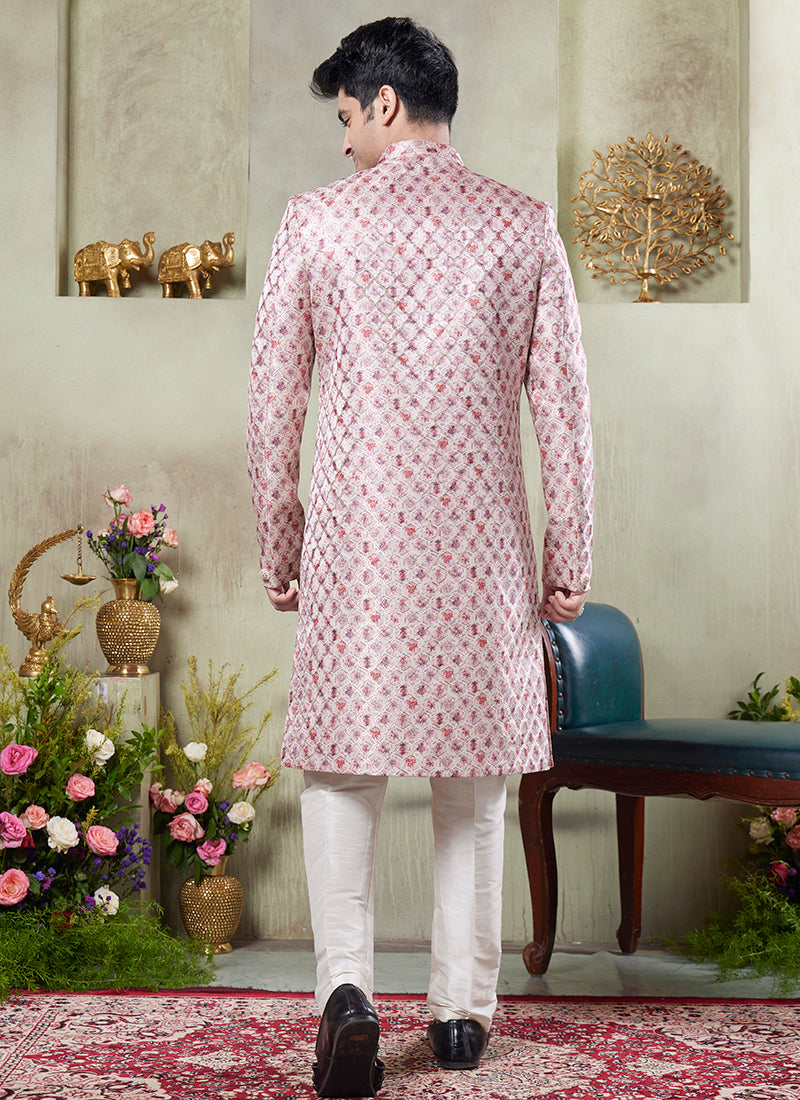 Art Silk Pink Wedding Wear Print On Computer Thread Work Readymade Sherwani