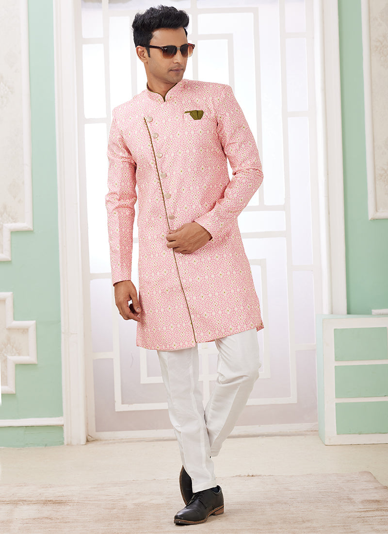 Banarasi Jacquard Pink Festival Wear Embroidery Work Readymade Indo Western Sherwani