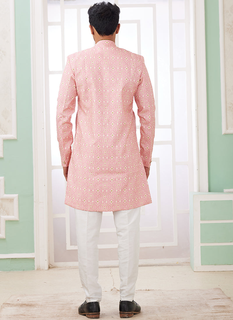 Banarasi Jacquard Pink Festival Wear Embroidery Work Readymade Indo Western Sherwani