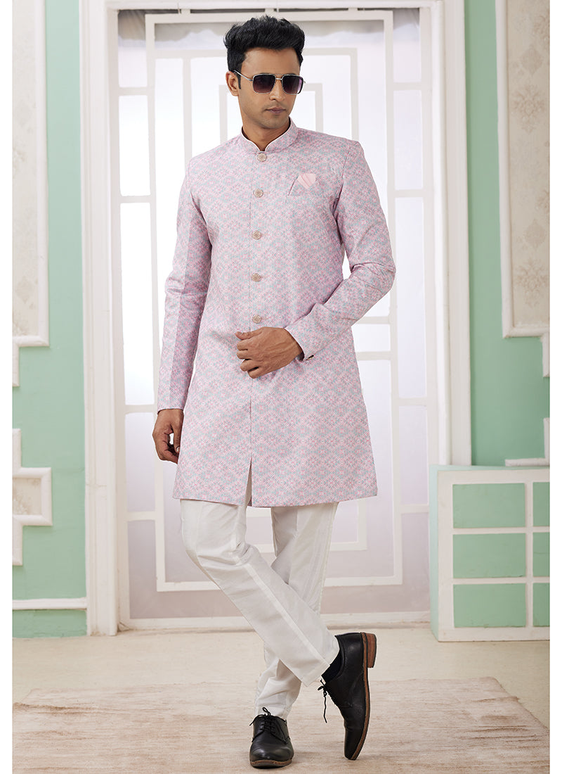 Banarasi Jacquard Pink Festival Wear Pattern Pc Work Readymade Indo Western Sherwani
