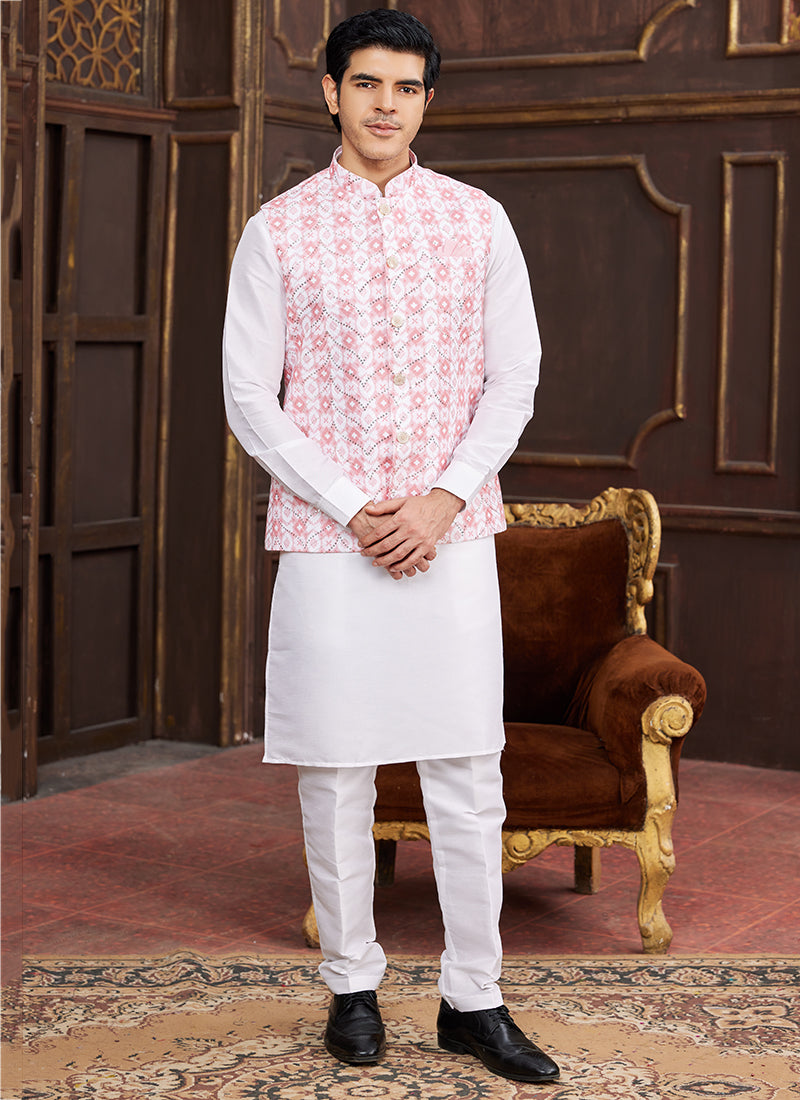 Banarasi Silk Pink Wedding Wear Digital Print Radymade Modi Jacket Kurta Pajama